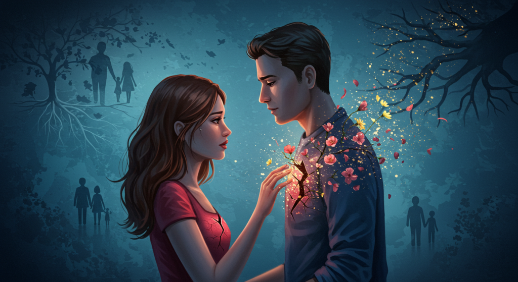 Casal em ambiente intimista com corações rachados que se transformam em flores, simbolizando a cura das feridas emocionais de origem.