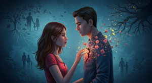 Casal em ambiente intimista com corações rachados que se transformam em flores, simbolizando a cura das feridas emocionais de origem.