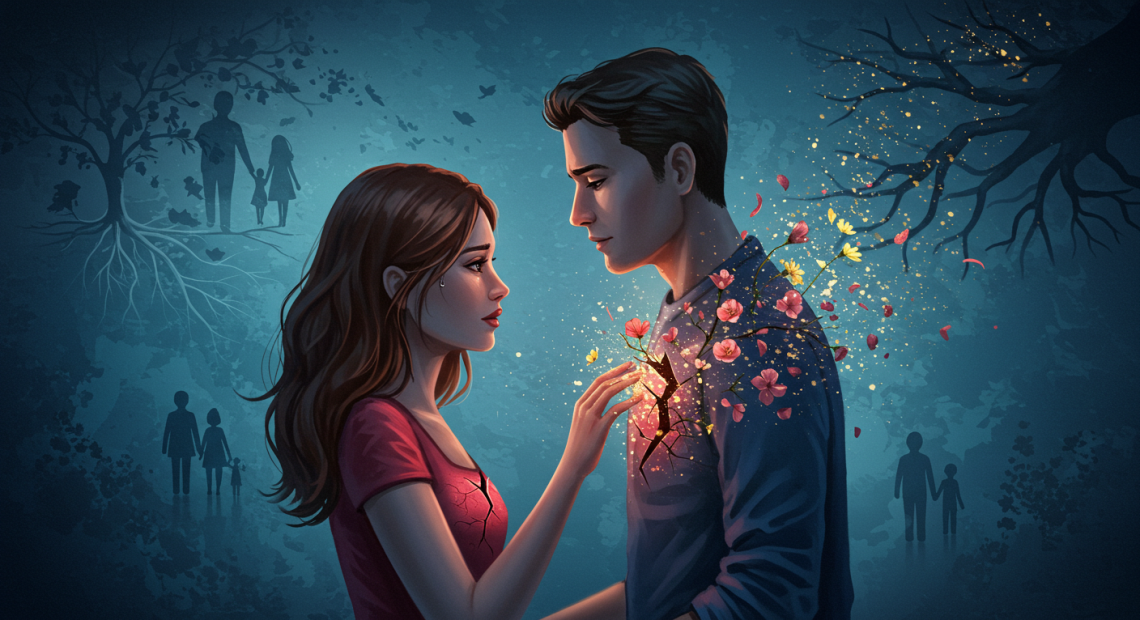 Feridas emocionais Casal em ambiente intimista com corações rachados que se transformam em flores, simbolizando a cura das feridas emocionais de origem.